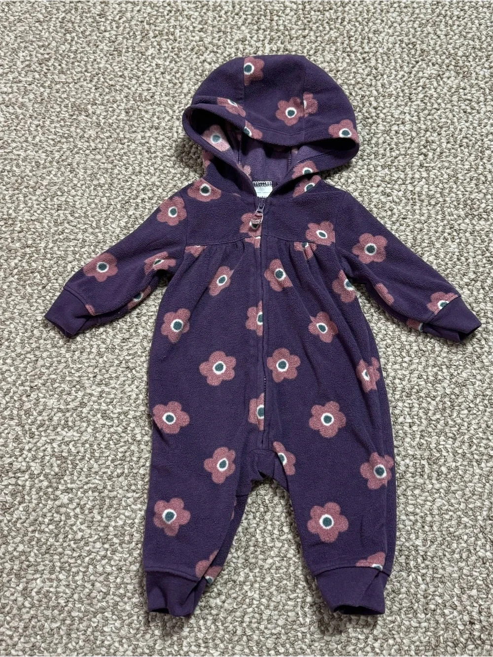 Carter's Purple Floral Fleece Hooded Open Foot Zip Front Romper 3 Months